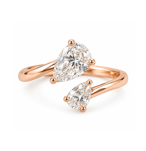 Bague de fiançailles Toi et Moi en or massif 14 carats avec diamant de laboratoire taille poire, style bypass, pour mariage et anniversaire, bijoux minimalistes personnalisés - Product Image 1