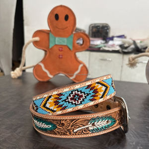 Ceinture en cuir western artisanale de qualité supérieure avec incrustation de perles turquoise, décorations en forme de plumes et boucle en argent gravée - Product Image 4