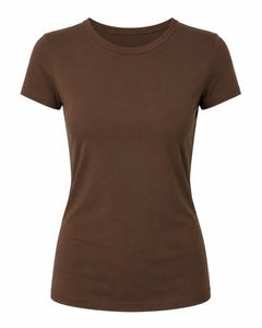 T-shirt marron à col rond pour femme, coupe ajustée, manches courtes, couleur unie, style vintage, décontracté, tissu tricoté, 100% coton, été - Product Image 1