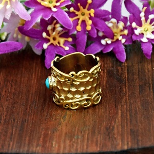 Turquoise <b>Statement</b> <b>Ring</b> Hammered Band Gold Vermeil Bohemian Festival <b>Ring</b> Gift for Her - Product Image 2