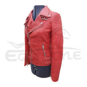 <b>Womens</b> Red Leather <b>Jacket</b> For <b>Women</b> Quilted Shoulder Panels Asymmetric Zip Long Sleeves Biker <b>Winter</b> Fashion <b>Waterproof</b> - Product Image 6