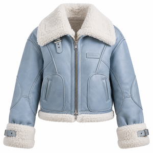 Light Blue Womens Shearling Leather Jacket Winter Warm Sherpa Lined Outerwear Ladies Buckle Collar Zip Up Cozy Biker Garment - Product Image 1