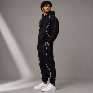 Men's Black Hooded Tracksuit Set with White Contrast Piping Pullover Hoodie and Jogger Pants for Casual Sportswear - Product Image 5