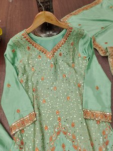 Sea Green Sharara Suit <b>Mirror</b> Work | Heavy Orange Floral Embroidery Salwar Kameez Set 2026 Trending 3-Piece <b>Slim</b> Fit Quick Dry - Product Image 6
