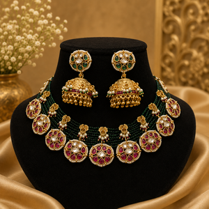Magnifique ensemble collier et boucles d'oreilles Polki en laiton plaqué or de haute qualité pour mariage et soirée, tenue traditionnelle pour femmes - Product Image 1