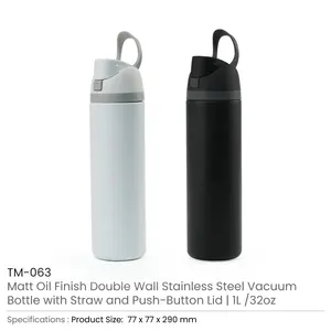 Bouteilles isothermes à double paroi de 1 litre avec paille et couvercle à bouton-poussoir, design minimaliste pour les voyages - Product Image 3