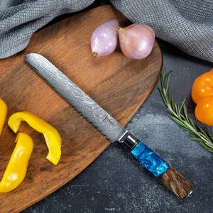 Custom Handmade Chef <b>Bread</b> <b>Knife</b> in Damascus Steel Resin+wood Ambidextrous Handle Modern Design Leather Sheath - Product Image 5