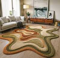 Tapis en laine abstrait moderne, tapis de forme irrégulière, tapis touffeté vert rouille beige, tapis de luxe artistique pour salon, doux et moelleux