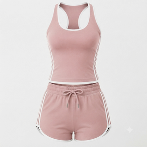 Women's Pink Two Piece Sports Set Sleeveless Tank Top With Side Stripes And Drawstring Shorts Regular Fit Spring Summer Wear - Product Image 1