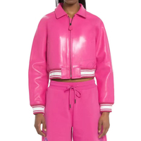Blouson bomber court rose en similicuir PU pour femme, style universitaire zippé, imperméable, col montant, idéal pour l'hiver