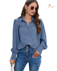 Camisas de Mujer para Primavera, Verano y Otoño, Blusas de Moda de Color Sólido, Manga Larga, Cuello Camisero, Corte Regular, Casual, con Botones Delanteros - Product Image 1