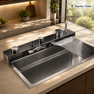 Évier de cuisine rectangulaire Daystar Trade en acier inoxydable brossé, fait main, personnalisé, moderne, à un seul bac, à quatre trous, à encastrer sous plan - Product Image 1