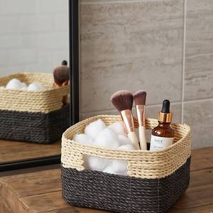 Stylish Handwoven Two Tone <b>Storage</b> <b>Basket</b> <b>Large</b> Rectangular Black Natural Closet Organization Pantry Toy Container With Handles - Product Image 6