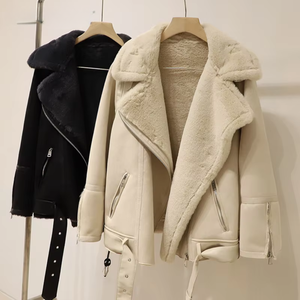Women's Finished Faux Shearling Biker <b>Jacket</b> Solid Windproof Breathable Thin Zipper Closure Winter Warm <b>Suede</b> Coat ODM Wholesale - Product Image 1