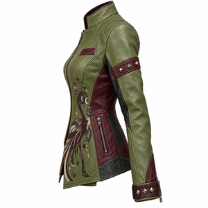 <b>Women</b> Olive Green Real Cowhide Biker <b>Jacket</b> Printed Peacock Graphic Studded Maroon Trim Stand Collar Outerwear Coat Wholesale - Product Image 4
