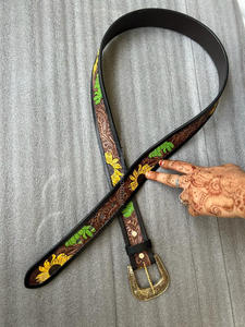 Cinturón de cuero genuino hecho a mano auténtico, cinturón floral pintado a mano occidental, cinturón de cintura Unisex de cuero mecanizado recién llegado - Product Image 4