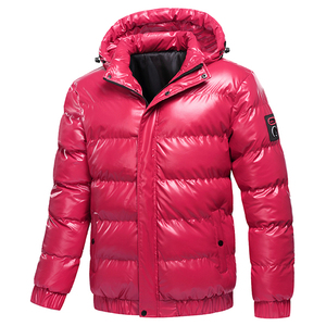 Men's <b>Red</b> <b>Hooded</b> Design Men's Stand Collar Silver Shiny Polyester Padded Winter Bubble <b>Jacket</b> For Men - Product Image 1