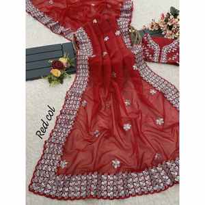 DISEÑADOR GEORGETTE BORDADO SECUENCIA TRABAJO SAREE CON BLUSA SIN COSTAR ROJO - Product Image 1