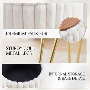 Faux Fur Vanity <b>Stool</b> <b>with</b> Metal Legs & Anti-Slip Feet <b>Storage</b> Ottoman Footstool for Bedroom - Product Image 4