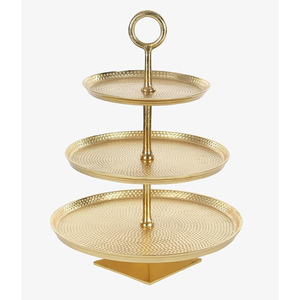 Factory Direct 3 <b>Tier</b> Gold Plated <b>Cake</b> Stand With Hammered Finish Elegant Metal Cupcake Serving Tray For Parties & Home Decor - Product Image 1