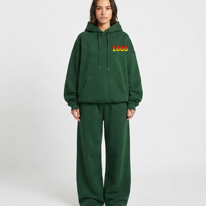 Conjunto Deportivo Casual de 2 Piezas para Mujer, con Capucha, de Forro Polar, Color Verde Sólido, Corte Holgado, Pantalones Anchos Largos con Bolsillos, para Usar en Todas las Temporadas - Product Image 4