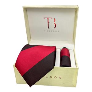 Cravate à rayures larges rouges et brunes avec pochette de costume pour homme |   Ensemble formel pour mariage et affaires |   Accessoire de mode élégant - Product Image 1