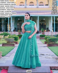 Ensemble Lehenga Classique Longue Manches Respirant Brodé Bhandhani Élégant Couleur Contrastante Naturelle Effet Illusion Fait Main - Product Image 2