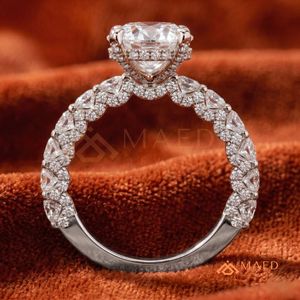 925 <b>Sterling</b> <b>Silver</b> Round Cut Moissanite/Diamond Engagement <b>Ring</b> for Women, Pave <b>Set</b> Band with Brilliant Side Stones - Product Image 4