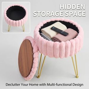 Sgabello in Pelliccia Sintetica con Gambe in Metallo e Piedini Antiscivolo, Pouf Contenitore per Camera da Letto - Product Image 3