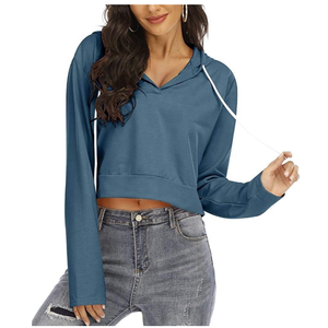 Women's <b>White</b> <b>Cropped</b> Hoodie Long Sleeve Asymmetric V Neck Casual <b>Sweatshirt</b> Solid Color Knitted Breathable Spring Wear - Product Image 6