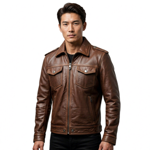 Veste en cuir marron pour homme, style motard, col rabattu, fermeture éclair, pour l'automne - Product Image 3