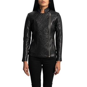 Chaqueta de moto acolchada negra para mujer, cuello alto, cremallera, estilo motociclista, manga larga - Product Image 3