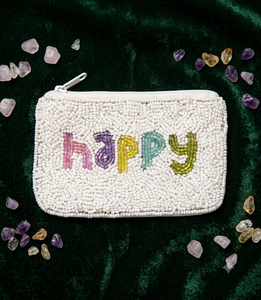 Handmade Beaded <b>Pouch</b> With Happy Lettering White Base Multicolor Beads Zipper Closure Crafted Accessory - Product Image 1