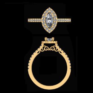 Anillo de compromiso con diamante talla marquesa en oro amarillo de 14k y 18k con halo de diamantes brillantes y banda con detalles de filigrana y pavé. - Product Image 3