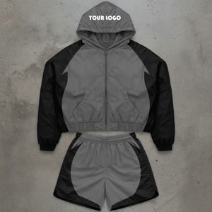 Men Custom Windbreaker Tracksuit Set Hooded <b>Zip</b> Up Jacket <b>Shorts</b> 2 Piece Sportswear Set Custom Logo Lightweight Running Casual - Product Image 3