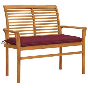 Banc de patio en teck naturel avec tissu polyester rouge vin, mobilier d'extérieur élégant - Product Image 1