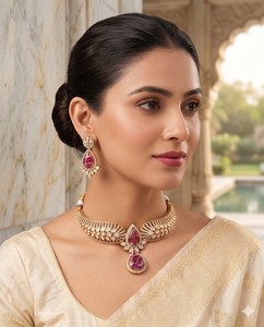 Wholesale Traditional Indian Choker Necklace <b>Set</b> Fashion Pink <b>Crystal</b> Stone Collar Necklace And Drop Earrings <b>Set</b> Artificial <b>Set</b> - Product Image 2