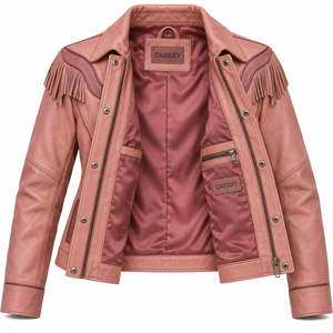 Dusty Rose Pink Fringe <b>Womens</b> Real Leather Jacket Western Style Button Up Yoke Trimmed <b>Outerwear</b> Coat Custom B2B Vendor - Product Image 5