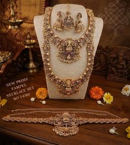 Conjunto de Joyería Tradicional para Novia, Chapado en Oro, Collar Largo Lakshmi, Pendientes, Cadena para la Cintura y Mang <span class=keywords><strong>Tika</strong></span>, Venta al Por Mayor - Product Image 6