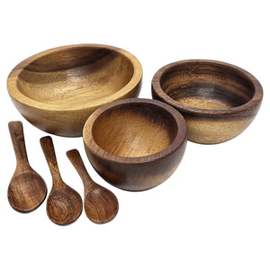 Cuenco redondo de madera con acabado natural con cuchara para postre, aperitivo, aperitivos, frutas secas, cuenco pequeño seguro para alimentos para uso doméstico y en la cocina - Product Image 1