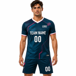 Conjunto de Camiseta de Fútbol Personalizada para Hombre, Azul Oscuro y Rosa, Estampado Geométrico Sublimado, Absorbente de Humedad, Corte Atlético, Manga Corta - Product Image 1