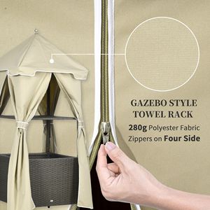 Carrello Portasciugamani da Piscina in Rattan Sintetico Beige con Ripiano e Cestino - Product Image 6