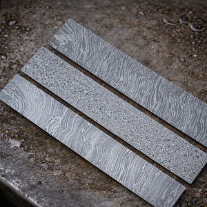 Acier Damas, tous les motifs disponibles : barre billet, torsadée, goutte de pluie, plume, pour la fabrication de couteaux, couteaux de plein air. - Product Image 4