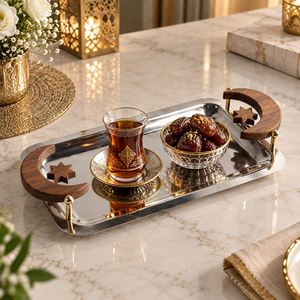 Bandeja de Servir de Acero Inoxidable de Lujo con Asas de Madera en Forma de Estrella y Luna Creciente |   Plato Rectangular para Aperitivos, Postres, Té y Decoración del Hogar - Product Image 4