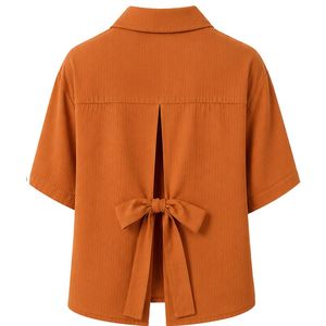 Camisa Corta Bordada Color Naranja Quemado para Mujer, Blusa Casual de Verano con Botones, Mezcla de Lino, Logotipo Personalizado, Top de Moda - Product Image 2