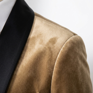 Camel Tan <b>Velvet</b> <b>Dinner</b> <b>Jacket</b> <b>Men</b> Sand Beige Tone Black Satin Shawl Lapel Single Button Blazer - Product Image 4