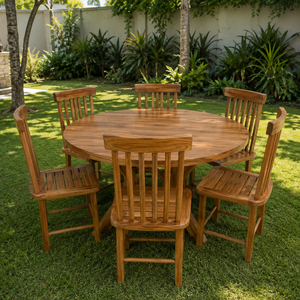 Ensemble de table à manger ronde en teck naturel pour l'extérieur avec 6 chaises à lattes pour jardin, patio, hôtel, complexe hôtelier - Product Image 2