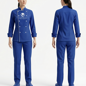 Uniforme de chef pour femme, 240 GSM, polycoton, bleu royal, avec passepoil contrastant, design à panneaux sur mesure, broderie personnalisée, logo tissé - Product Image 1