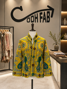 <b>Women</b> Winter Yellow <b>Velvet</b> Sujani <b>Jacket</b> Peacock Embroidery Handmade Floral Bohemian Ethnic Designer Boutique Outerwear Stand - Product Image 1