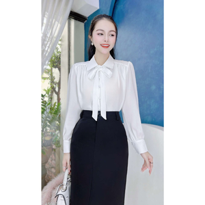 150 GSM Back Neck Sustainable Fashion <b>Women</b> Nine Quarter Raglan Sleeve Modal Blouse <b>Bow</b> <b>Tie</b> Fabric-Covered Buttons Formal Solid - Product Image 3